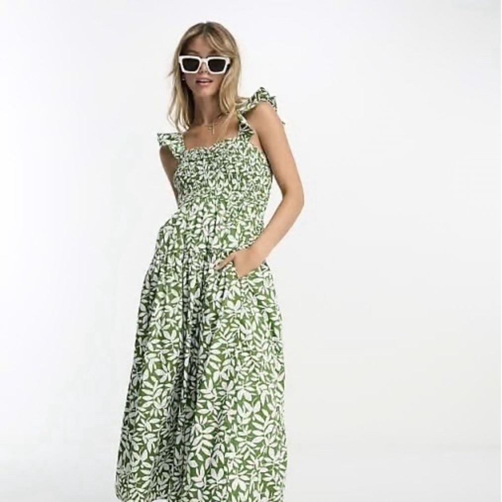 Abercrombie & Fitch Green and White Leaf-Print Midi Dress